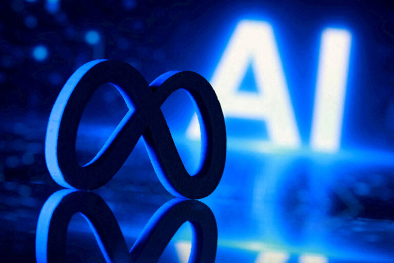 FILE PHOTO: Illustration shows 3D-printed Meta logo and word "AI